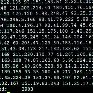 En computerskærm, der viser et stort antal tal genereret af Fail2ban.