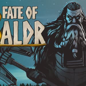 Illustration af en nordisk kriger med titlen "Baldrs skæbne," udvikler fremvisning.