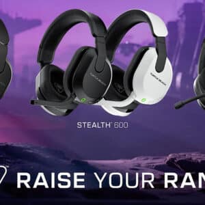 Tre modeller af gaming-hovedtelefoner (stealth 500, stealth 600, atlas air) vist med teksten "automatisk kladde" på en lilla baggrund.