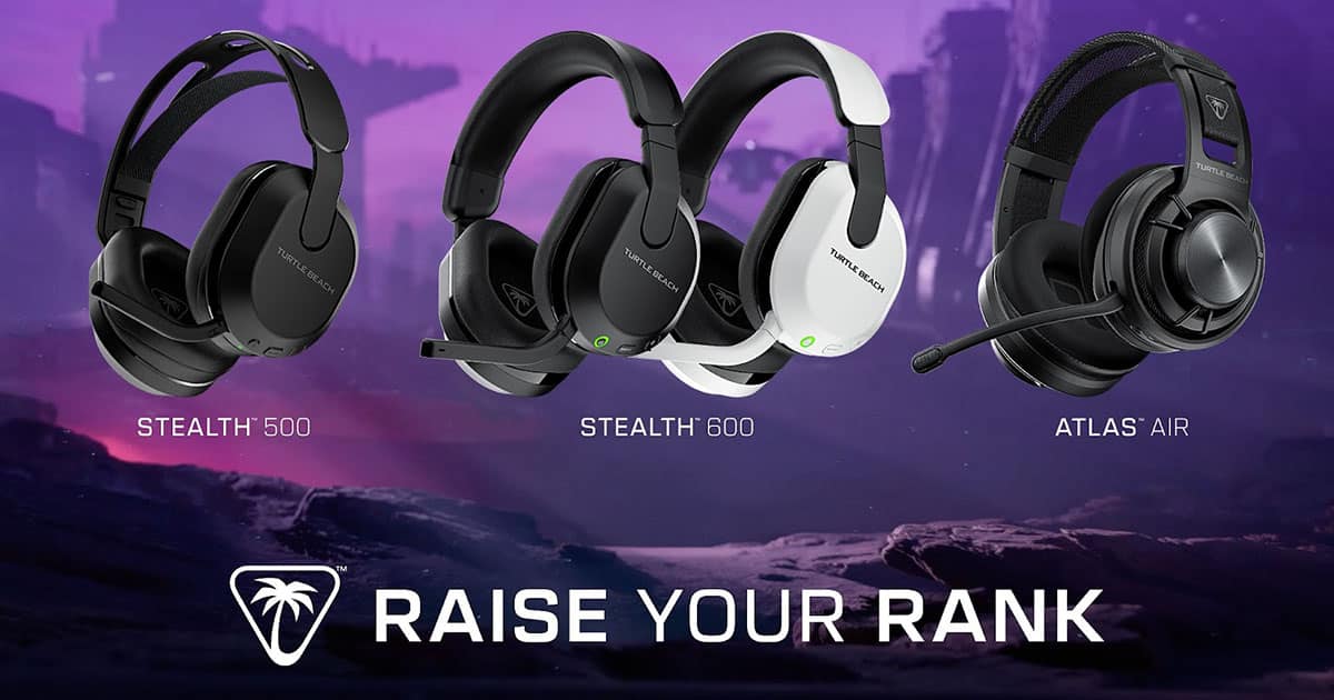 Tre modeller af gaming-hovedtelefoner (stealth 500, stealth 600, atlas air) vist med teksten "automatisk kladde" på en lilla baggrund.