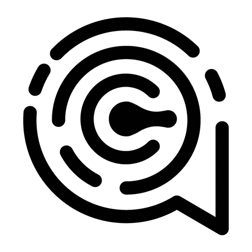 Et stiliseret sort/hvid copyright-symbol integreret i et talebobledesign.