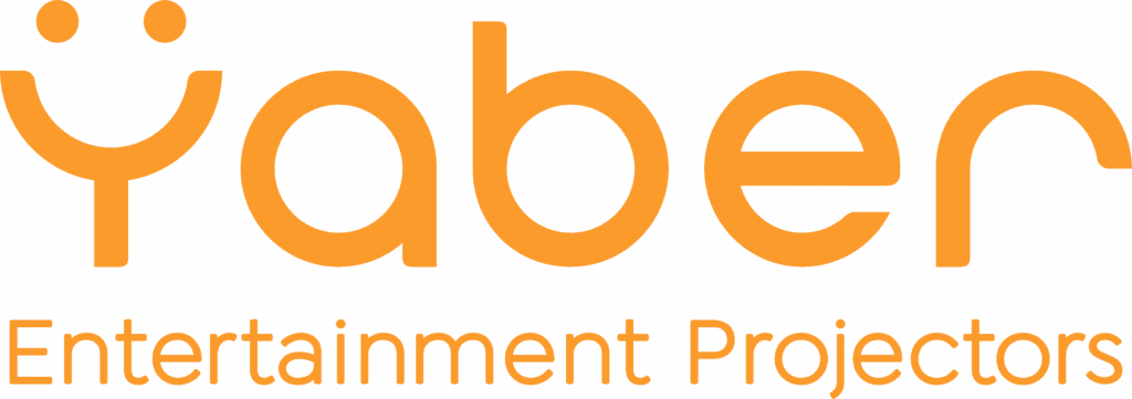 Orange tekst lyder "Yaber Entertainment Projectors" med et karakteristisk, stiliseret "Y" i logoet, der fanger essensen af Yabers innovative design.