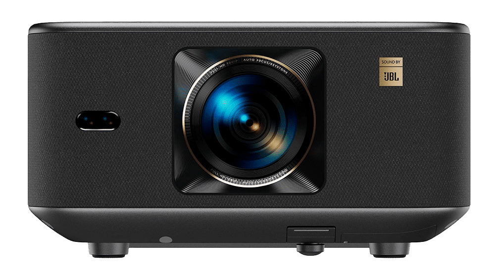En elegant sort elektronisk projektor med en stor central linse og et JBL-logo i øverste højre hjørne; den integrerer sømløst Yabers banebrydende teknologi for en fordybende seeroplevelse.