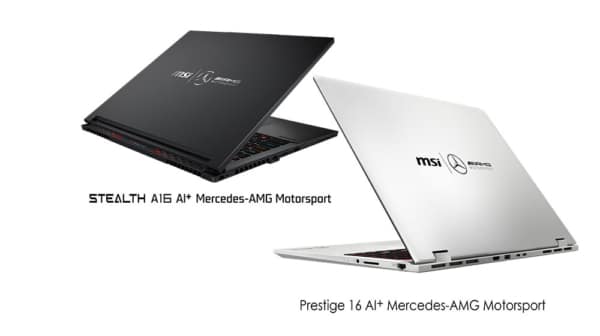 To MSI bærbare computere med elegant design – en sort (Stealth A16 AI+ Mercedes-AMG Motorsport) og en hvid (Prestige 16 AI+ Mercedes-AMG Motorsport) – er vist delvist åbne og kunstfærdigt vinklet.