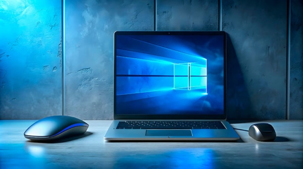 En bærbar computer, der viser Windows 10-loginskærmen, står på et skrivebord ved siden af en trådløs og en kablet mus, oplyst af blåt lys – klar til en opgradering til Windows 11 eller udforskning af Godmode-funktioner.