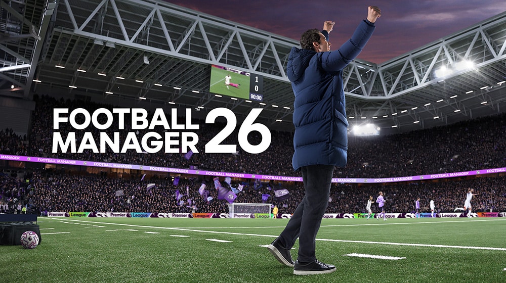 En fodboldmanager jubler på sidelinjen af et stadion fyldt med fans med teksten "Football Manager 26" og en Elementor-inspireret resultattavle på en fremtrædende plads.