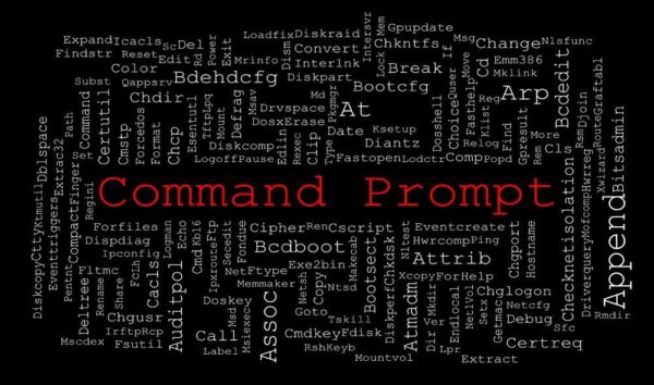 En ordsky af forskellige Windows Kommandoer på en sort baggrund, med "Kommandoprompt" og "Tilføj" fremhævet i rødt og hvidt.
