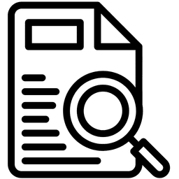 Sort-hvidt ikon af et dokument med linjer og en rektangulær overskrift, overlejret med et forstørrelsesglassymbol, der angiver søgning i eller gennemgang af dokumenter – perfekt til at illustrere node-baserede søgninger eller projekter som futurenode.dk.