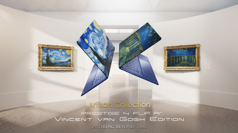 To blå bærbare computere med »Stjernernatten«-motiver svæver i et kunstgalleri med Van Gogh-malerier. Teksten lyder: »Artisan Collection, Prestige 14 Flip AI, Vincent van Gogh-udgave. Inspiration, der rækker ud over tiden.« Oplev kreativitet på en helt ny måde – forudbestil nu for at få den eksklusive Vincent van Gogh-udgave af Prestige 14 Flip AI.