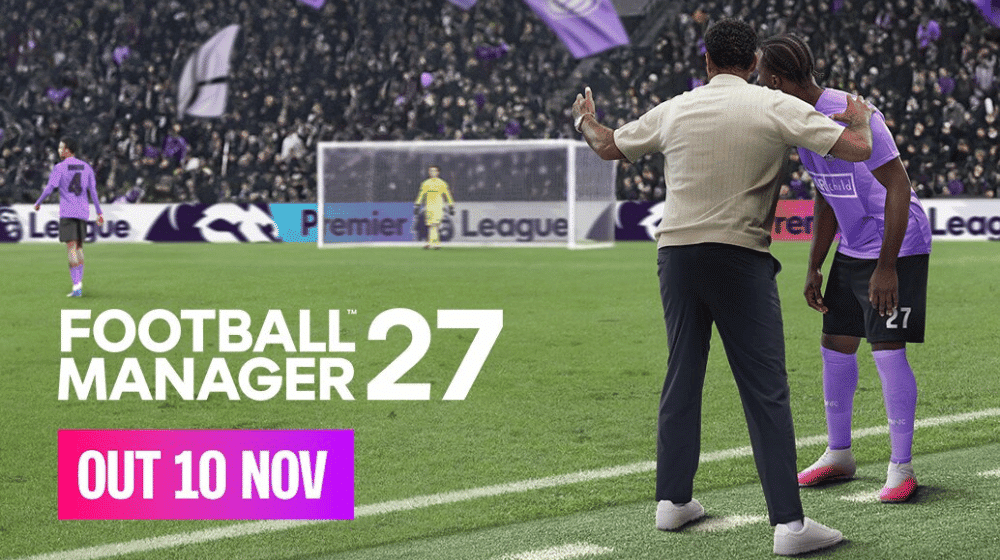 En træner trøster en fodboldspiller på banen i et reklamebillede til Football Manager 27, der udkommer den 10. november.