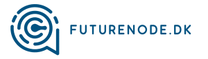 FUTURENODE.DK-logoet består af et stiliseret cirkulært motiv med omridset af en taleboble og teksten "FUTURENODE.DK" i blå bogstaver.